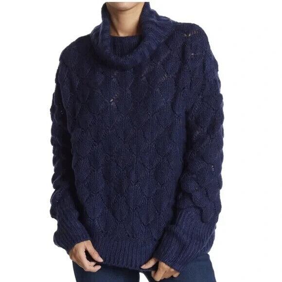 FRNCH NWT Women's Blue Bubble Stitch Open Knit Oversized Turtleneck Sweater M - Picture 1 of 5